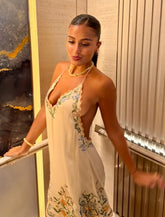 Cream Halter Floral Embroidered Backless Vacation Mini Dress