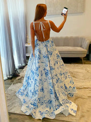 Hand Beading Square Backless Ball Gown Prom Dress - Baby Blue Floral
