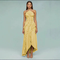 Chiffon Dress Women's Ruffled Pleated Design Slimming Midi Dress