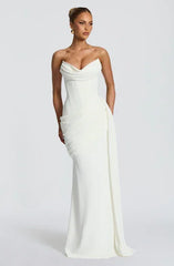White / Red Strapless Cowl Neck Lace-Up Backless Draped Ruched Bodycon Mermaid Evening Maxi Dress