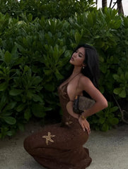 Dark Brown Starfish Sequin Halter Cut-Out Waist Bodycon Maxi Dress