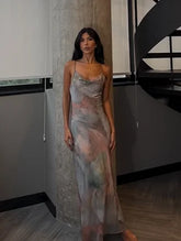 Tie-Dye Print Cowl Neck Open Back Cami Maxi Dress | Elegant Bodycon Evening Gown
