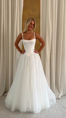 White Cami Fitted Waist Tulle Ball Gown Wedding Dress | French Minimalist Sleeveless Bridal Gown