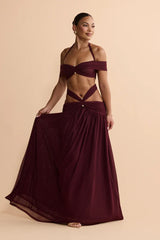 Y2K Halter Off-Shoulder Mesh Cut-Out Waist-Cinching Maxi Two-Piece Set | Sexy Backless Vacation Outfit