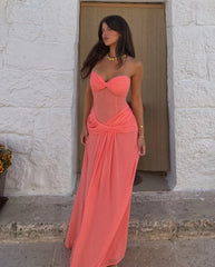 Coral Pink Strapless Twist Bust Corset Sheer Waist Draped Maxi Dress