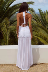 White Halter Deep V Cutout Ruched Open-Back Mesh Maxi Dress