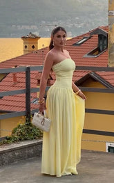 Strapless Waisted Chiffon Flared Maxi Dress