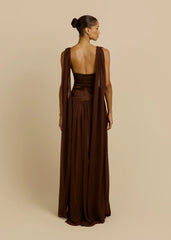 Deep V Open Back Sash Waist Chiffon Maxi Evening Dress