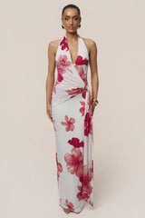Halter Deep V Twist-Knot Floral Bodycon Maxi Dress