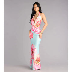 Light Blue Halter Floral Cutout Backless Mermaid Maxi Dress