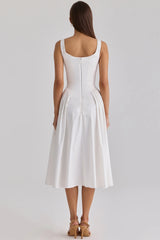 White Bow-Front Cinched-Waist Flared Midi Dress