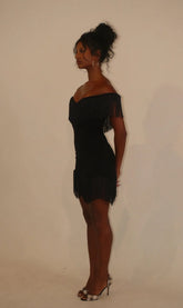 Off-Shoulder Double Fringe Bodycon Dress | Western Retro Sexy Mini Dress