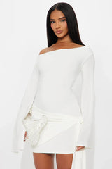White Asymmetric Off-Shoulder Flare Sleeve Bodycon Mini Dress