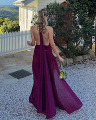 Halter Neck Open Back Draped Slit Maxi Gown