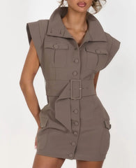 Utility Style Collared Belted Sleeveless Mini Dress