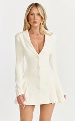 Bea Mini Dress - Collared Long Sleeve Fit And Flare Pleated Dress in Cream