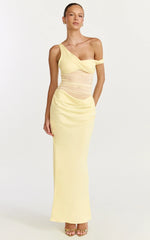 Pale Yellow Asymmetric Off-Shoulder Mesh Ruched Maxi Dress
