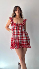Red & White Plaid Embroidered Ruffle Mini Dress