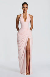 Pleated Halter V-Neck Maxi Dress with Ruched Waist & High Slit