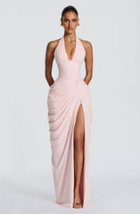 Pleated Halter V-Neck Maxi Dress with Ruched Waist & High Slit