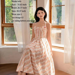Pink & White Gingham Floral Lace-Up Flared Midi Dress