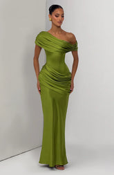 Asymmetric Draped Off Shoulder Maxi Dress