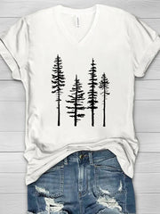 V-neck Pine Tree Print Women's T-shirt