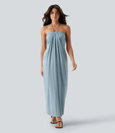Light Blue Halter Bandeau Draped Maxi Dress with Pockets