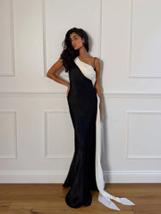 Black & White Contrast One-Shoulder Draped Open-Back Satin Mermaid Gown