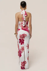 Halter Deep V Twist-Knot Floral Bodycon Maxi Dress