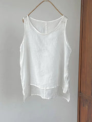 Round Neck Sleeveless Solid Color Cotton And Linen Top