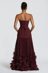 Burgundy Strapless Lace-Up Pleated 3D Floral Hem Evening Gown