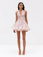 Pink Floral Print Halter Open-Back Ruched Waist A-Line Mini Dress