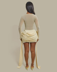 Y2K Mesh Sheer Long Sleeve Bodysuit + Draped Ruched Bodycon Mini Skirt Set