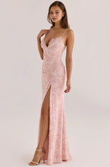 Light Pink Floral Flocked Mesh Spaghetti Strap High Slit Mermaid Maxi Evening Dress