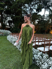 Halter Neck 3D Flower Tiered Ruffle Chiffon Maxi Gown