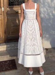 Elegant Lace Embroidery Long Dress with Suspenders