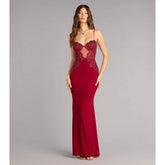 Burgundy Spaghetti Strap Beaded Lace Mesh Mermaid Maxi Dress
