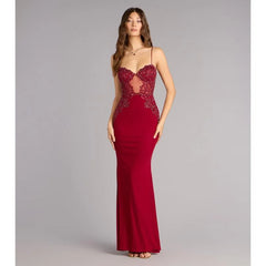 Burgundy Spaghetti Strap Beaded Lace Mesh Mermaid Maxi Dress