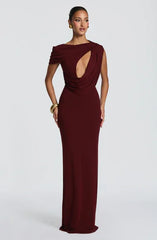 Two-Tone Asymmetric Off-Shoulder Cutout Draped Fitted Mermaid Gown