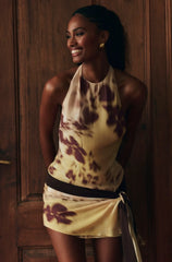 Blurred Floral Print Halter Backless Asymmetrical Dress