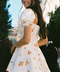 Square Neck Puff Sleeve Lace Trim Floral Print Mini Skater Dress