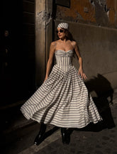 Vintage Striped Lace-Up Corset Back Flared Midi Dress