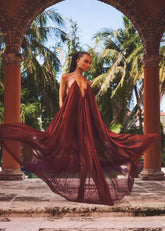 Burgundy Halter Deep V Backless Chiffon Maxi Dress