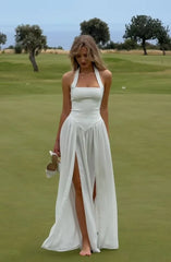 White Halter Fitted Waist Double High Slit Vacation Maxi Dress