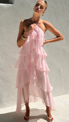 Bohemian Halter Tiered Ruffle Chiffon Maxi Dress