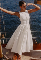 White Sleeveless Button-Front Cinched-Waist Flared Midi Dress