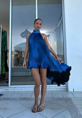 Royal Blue Metallic Pleated Halter Open-Back High-Low Dress