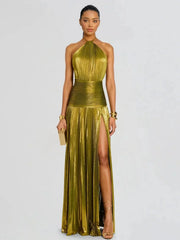 Metallic Olive Green Halter Backless Waist-Cinched Slit Pleated Gown