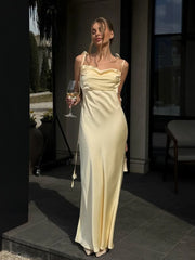 Satin Cowl-Back Open-Back Dress with 3D Flower Straps